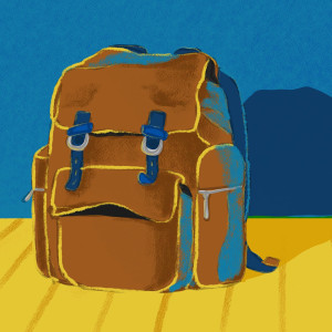 An unhappy looking knapsack sits on the ground