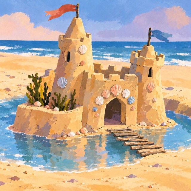 A handmade sandcastle with shell decorations, two flags and a seaweed garden stands inside a shallow moat crossed by loose driftwood sticks.