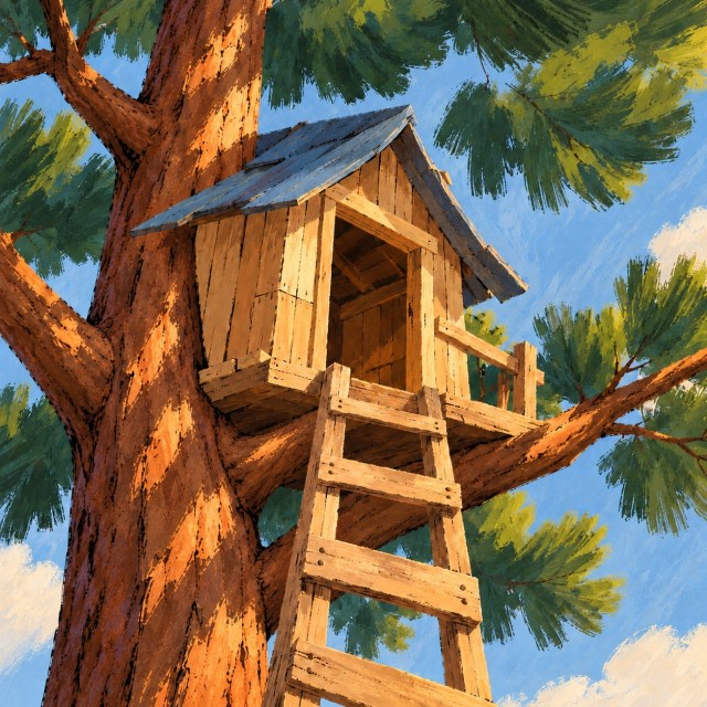 A wooden treehouse rests among sturdy branches, with a ladder leading towards its open doorway.